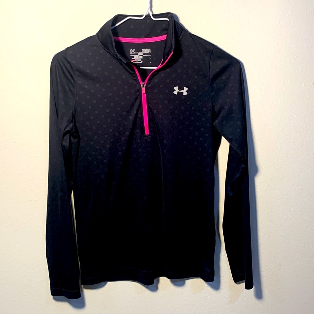 Under Armour heat gear black and pink polka dot long sleeve 1/4 zip athletic top